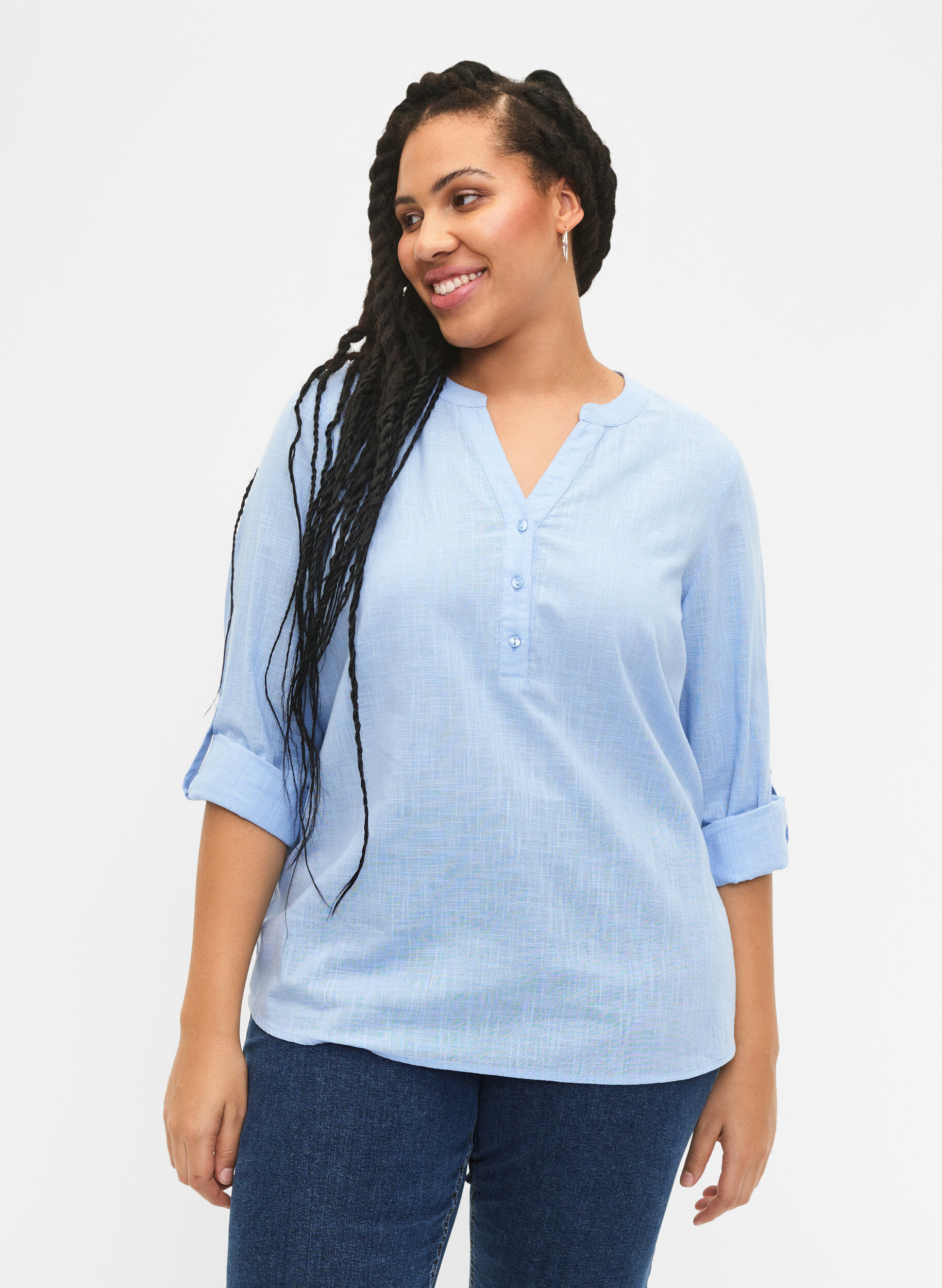 Zizzi Blouse van katoen met v-hals, Serenity, Model image number 0
