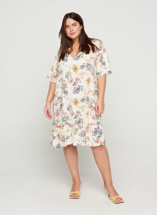 Viscose jurk met bloemenprint en v-hals, Creme Vintage Flower, Model image number 2