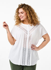 Viscose blouse met kanten afwerking, Bright White, Model