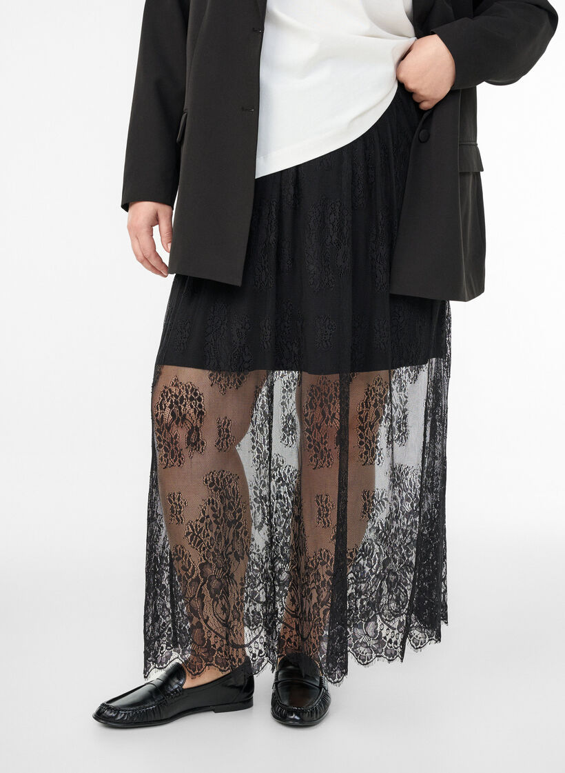 Lange rok van kant met elastische taille, Zwart, Model image number 3