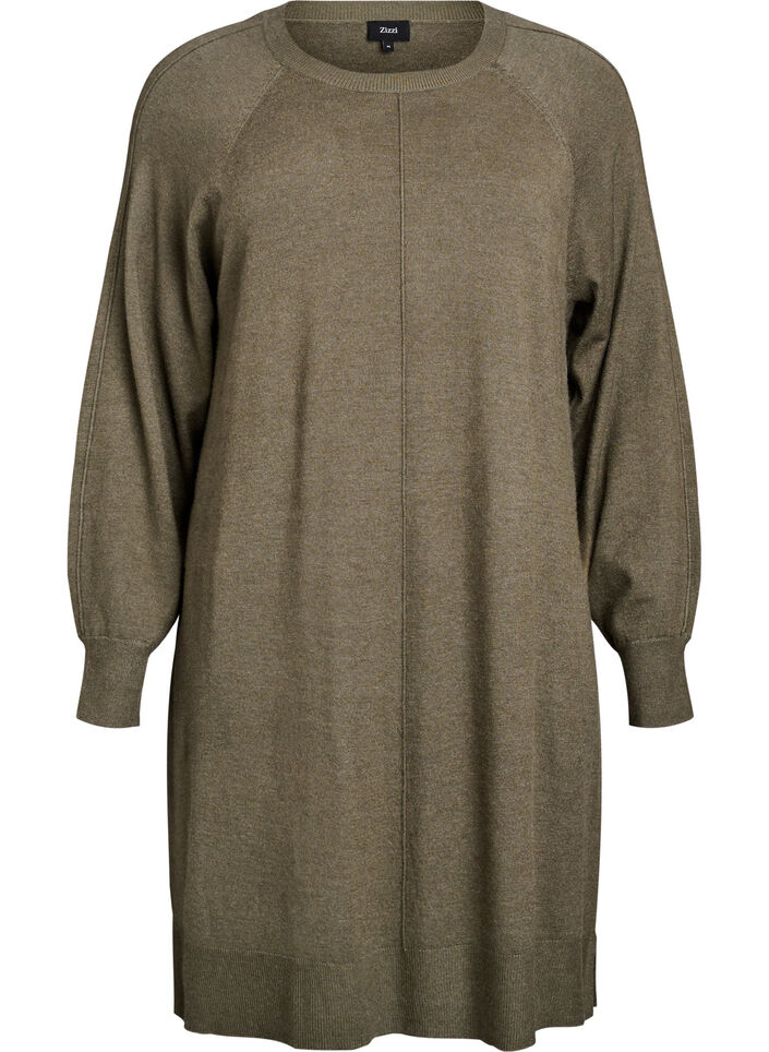 Korte gebreide jurk met raglanmouwen en een middennaad, Groen, Packshot image number 0