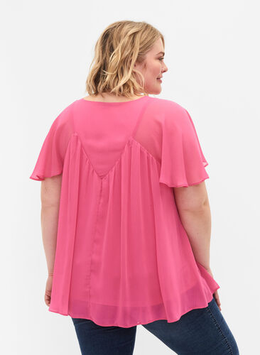 Effen blouse met vleermuismouwen en v-hals, Shocking Pink, Model image number 1