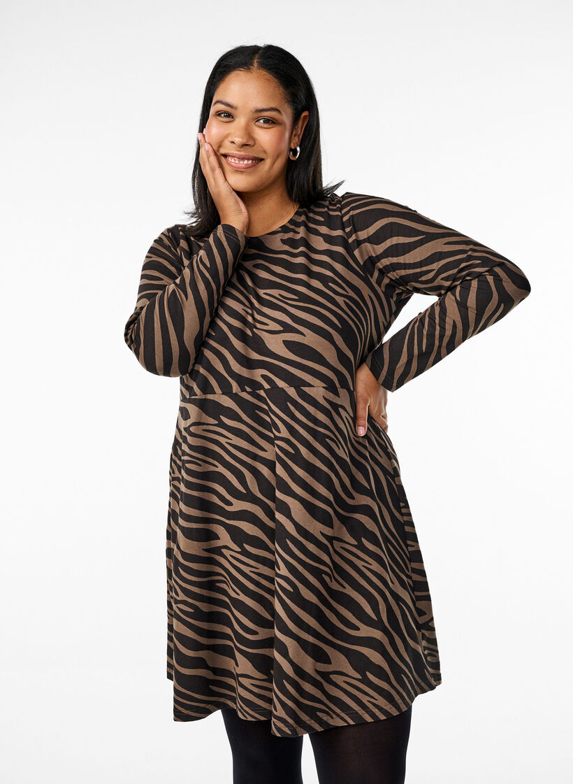 Jurk met lange mouwen, ronde hals en zebraprint, Walnut Zebra, Model image number 0