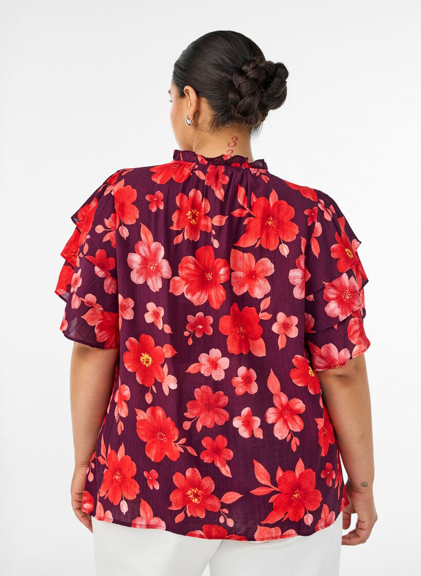 Floral viscose blouse met ruches mouwen, Paars, Model image number 2