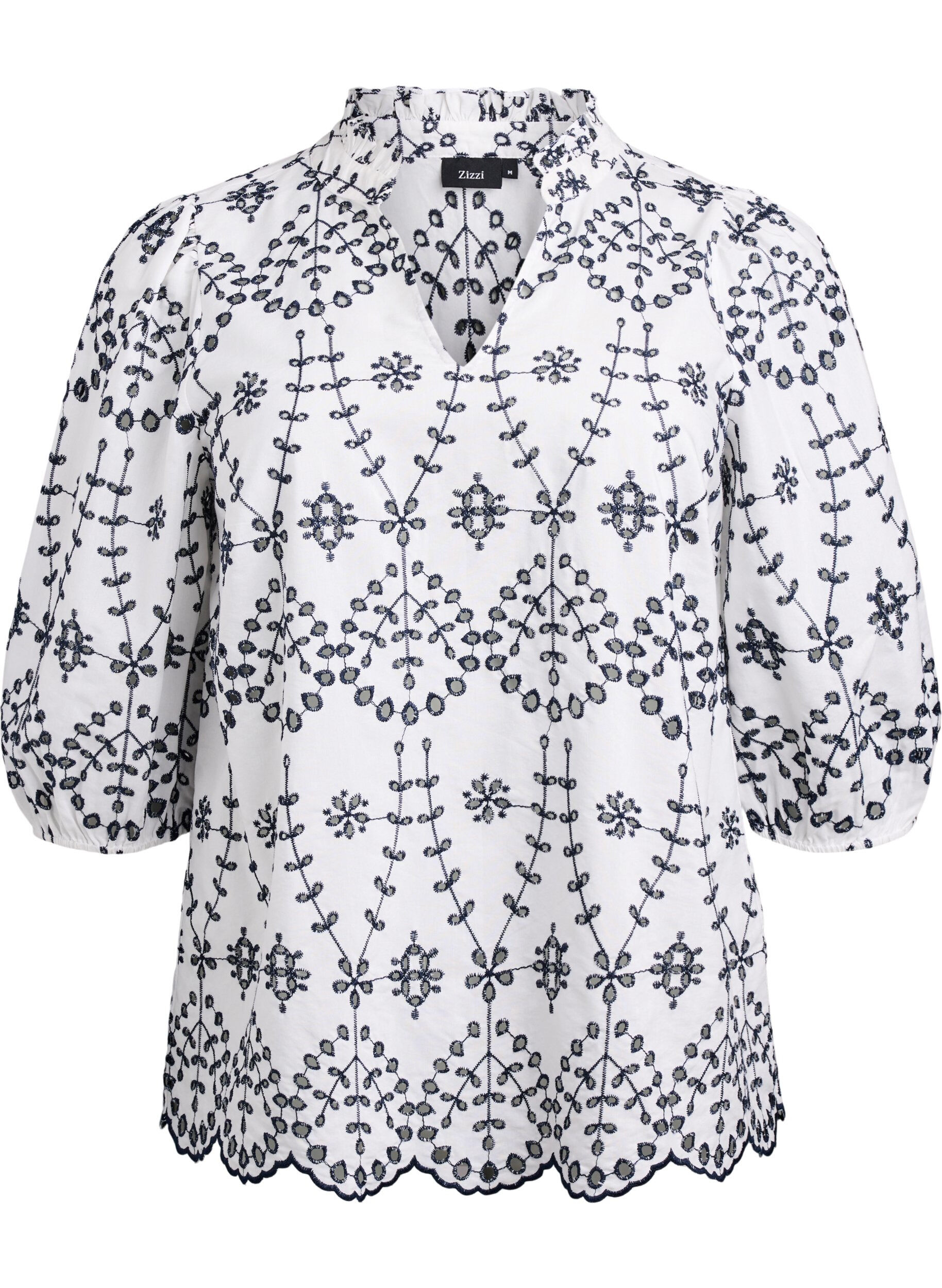 Zizzi Blouse met 3/4 mouwen en contrasterende broderie anglaise, Wit, Packshot image number 0