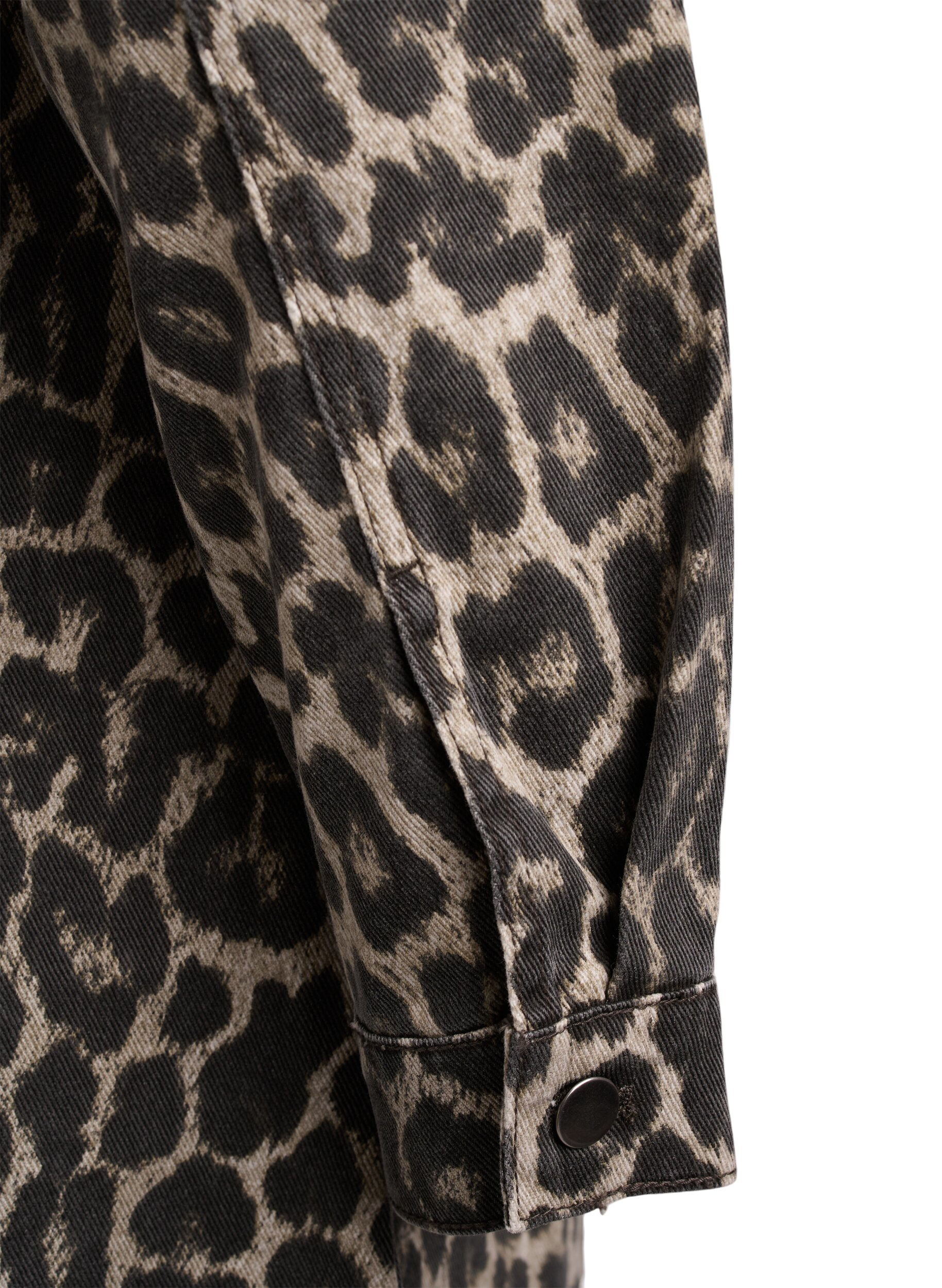 Zizzi Denim jurk met lange mouwen en luipaardprint, Bruin, Packshot image number 3