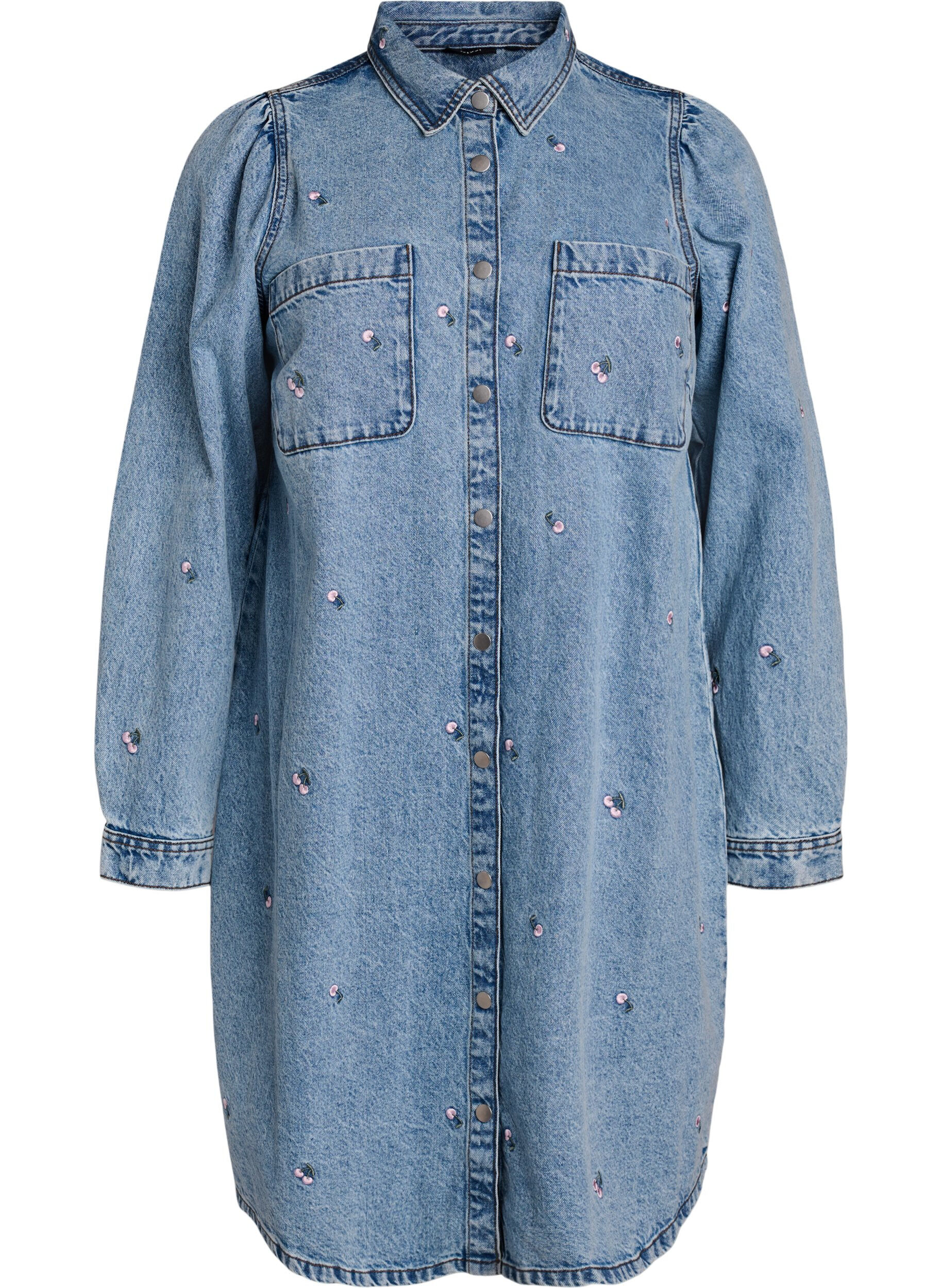 Denimjurk met kersen en borstzakken