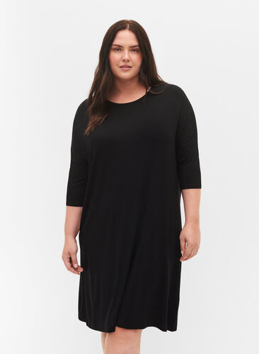 Jersey jurk van viscose met 3/4 mouwen, Black, Model image number 0