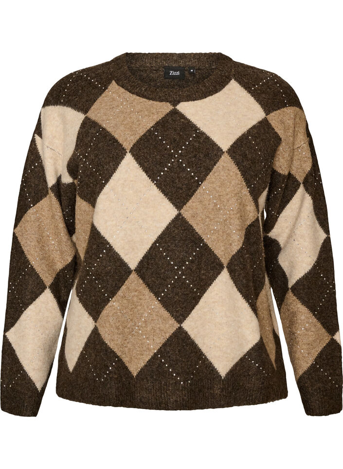 Gebreide top met argylepatroon en rhinestones, Bruin, Packshot image number 0