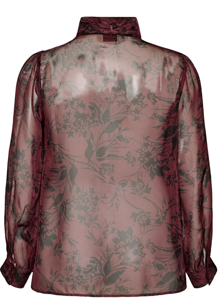 Doorschijnende overhemdblouse met bloemenpatroon en strikdetail, Donker Bordeaux, Packshot image number 1