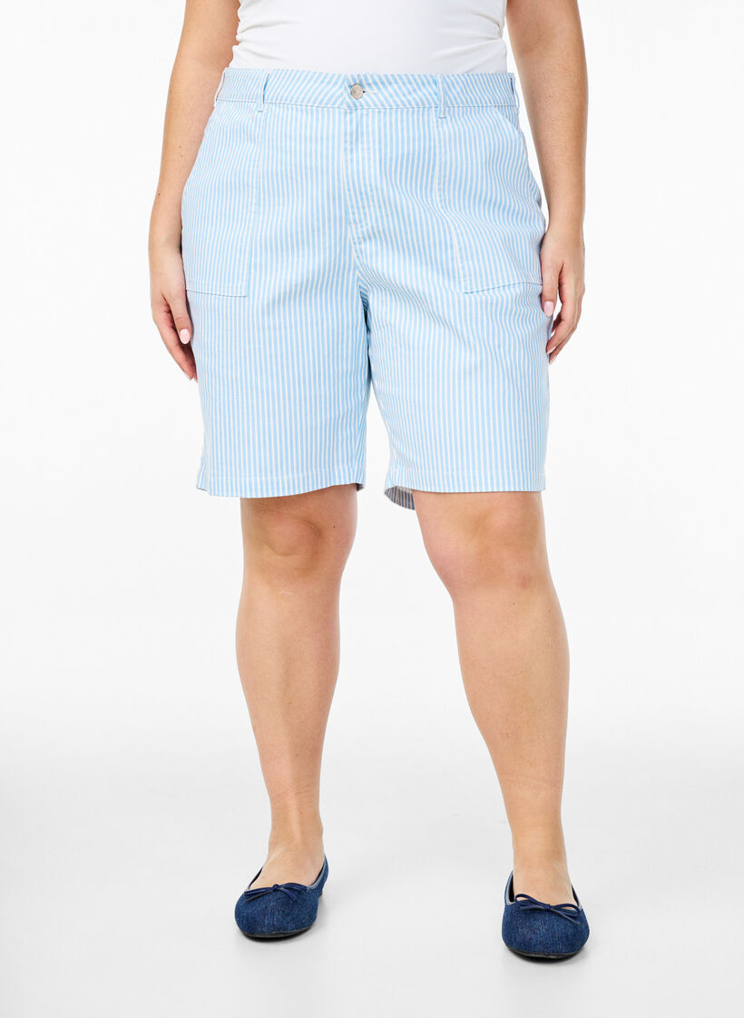 Gestreepte bermudashorts met hoge taille, Blauw, Model image number 3