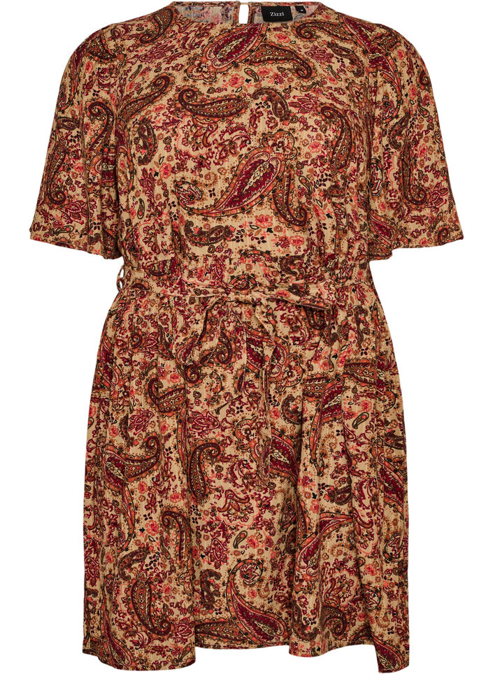 Jurk met paisleyprint en strikceintuur, Bruin, Packshot image number 0