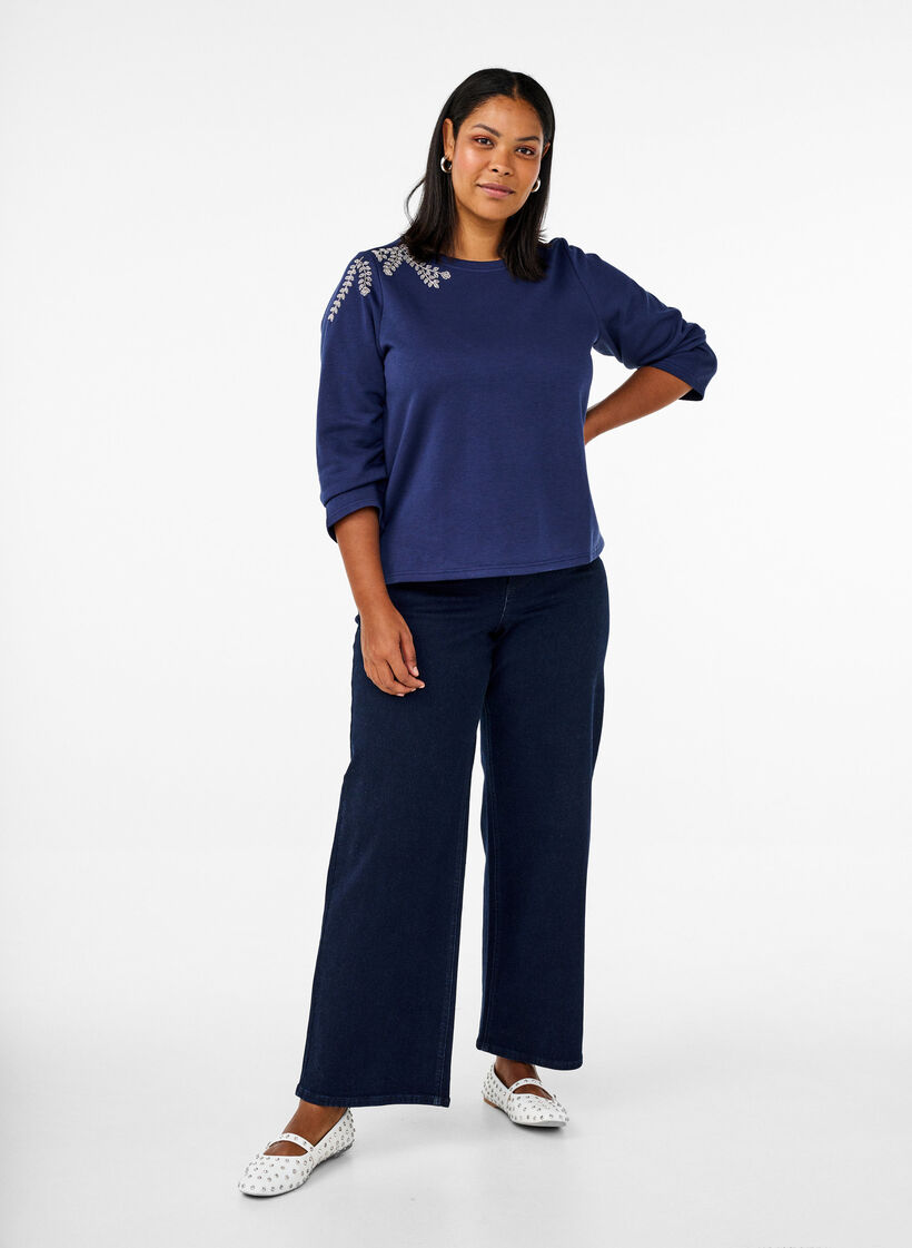 Kort sweatshirt met pareldetails, Blauw, Model image number 1