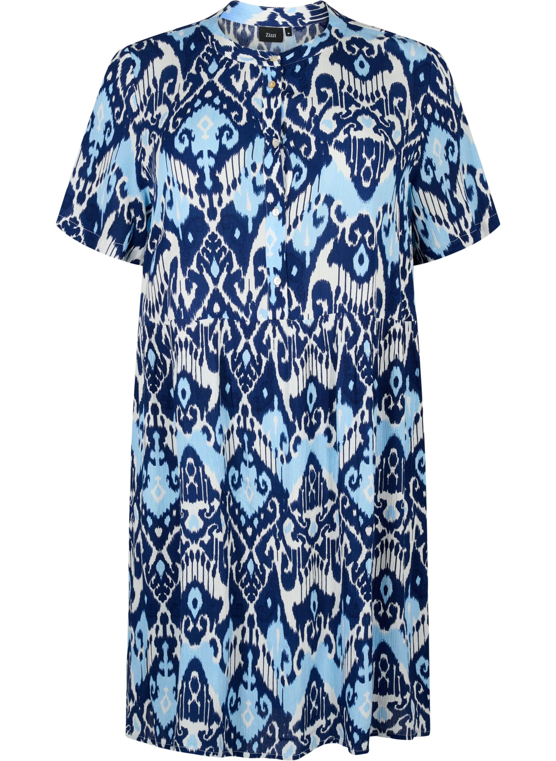 Zizzi Viscose jurk met korte mouwen en print, Blue Ethnic AOP, Packshot image number 0