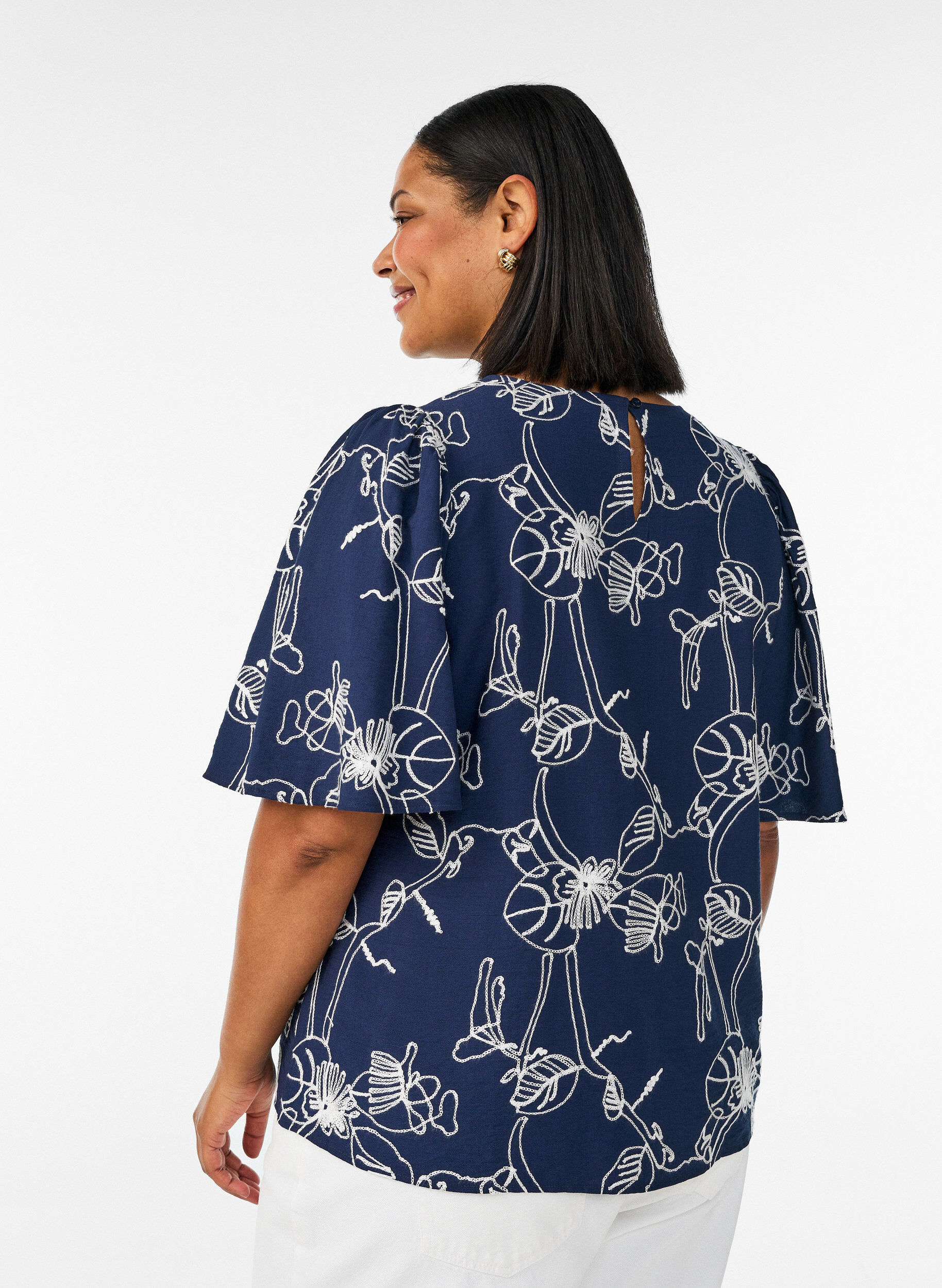 ZizziBlouse met korte mouwen en geborduurd patroon, Blauw, Model image number 2