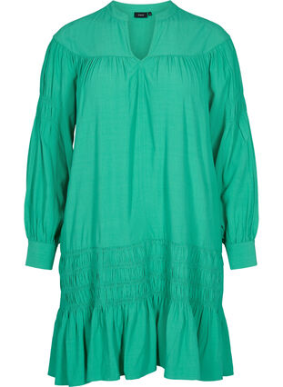 Viscose jurk met lange mouwen en smokdetails, Mint, Packshot image number 0