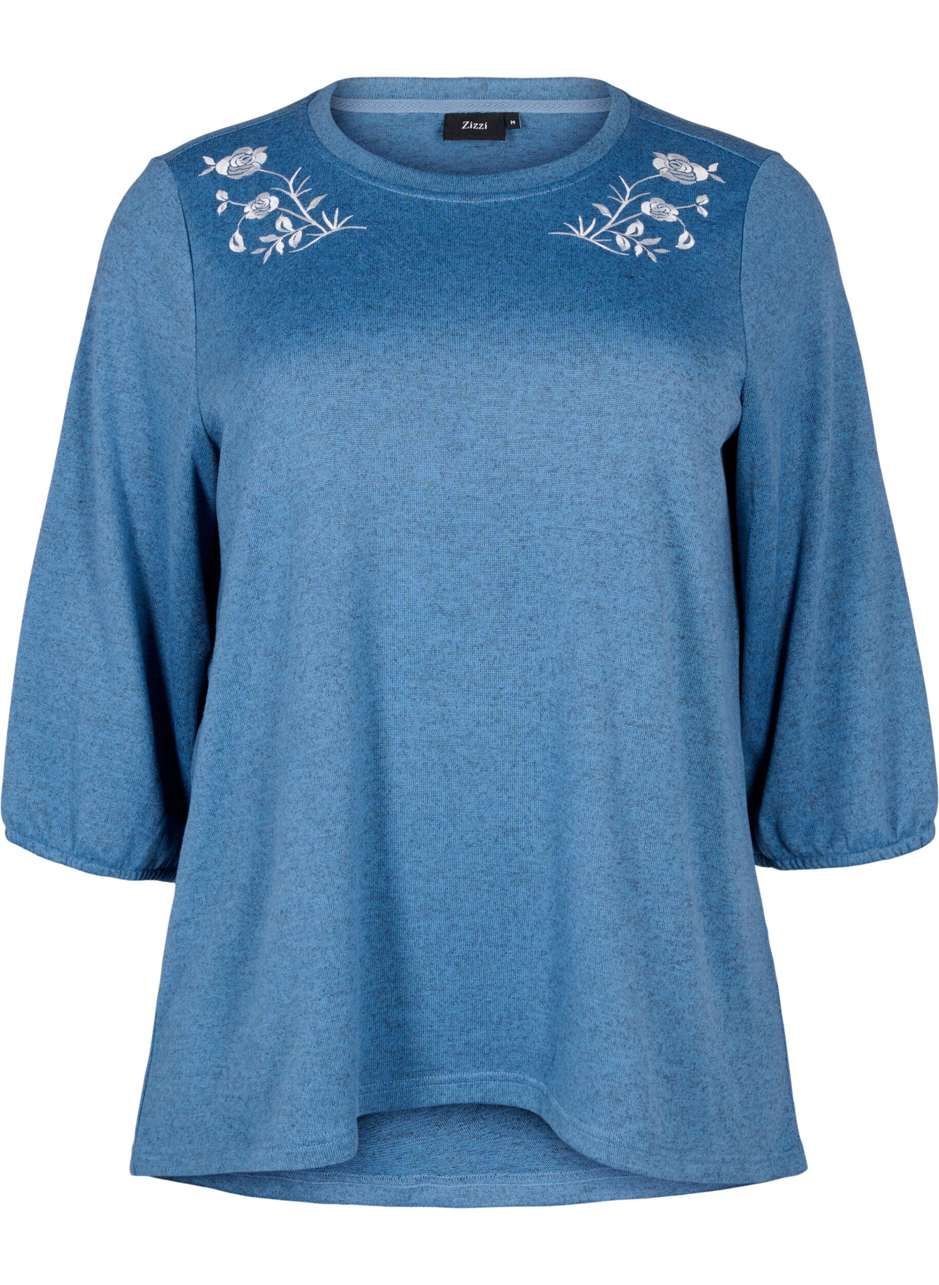 Zizzi Blouse met bloemenborduursel en 3/4 mouwen, Copen Blue Melange, Packshot image number 0