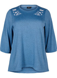 Blouse met bloemenborduursel en 3/4 mouwen, Copen Blue Melange