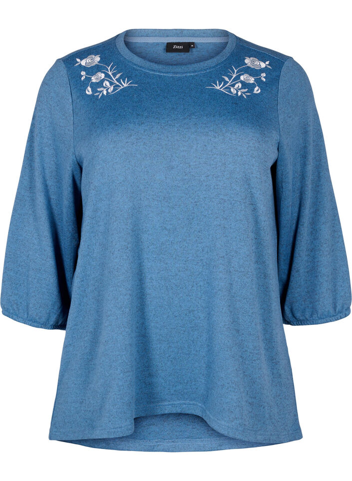 Blouse met bloemenborduursel en 3/4 mouwen, Copen Blue Melange, Packshot image number 0