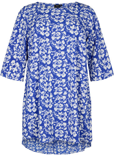 Bedrukte jurk met 3/4 mouwen, Blue White Flower, Packshot image number 0