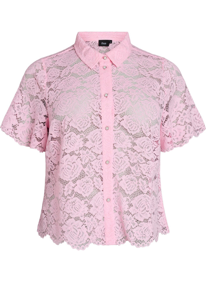 Kanten shirt blouse met parelknopen, Roze, Packshot image number 0