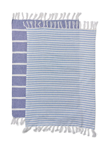 2-pack gestreepte handdoek met franjes, 2-Pack Blue, Packshot image number 1