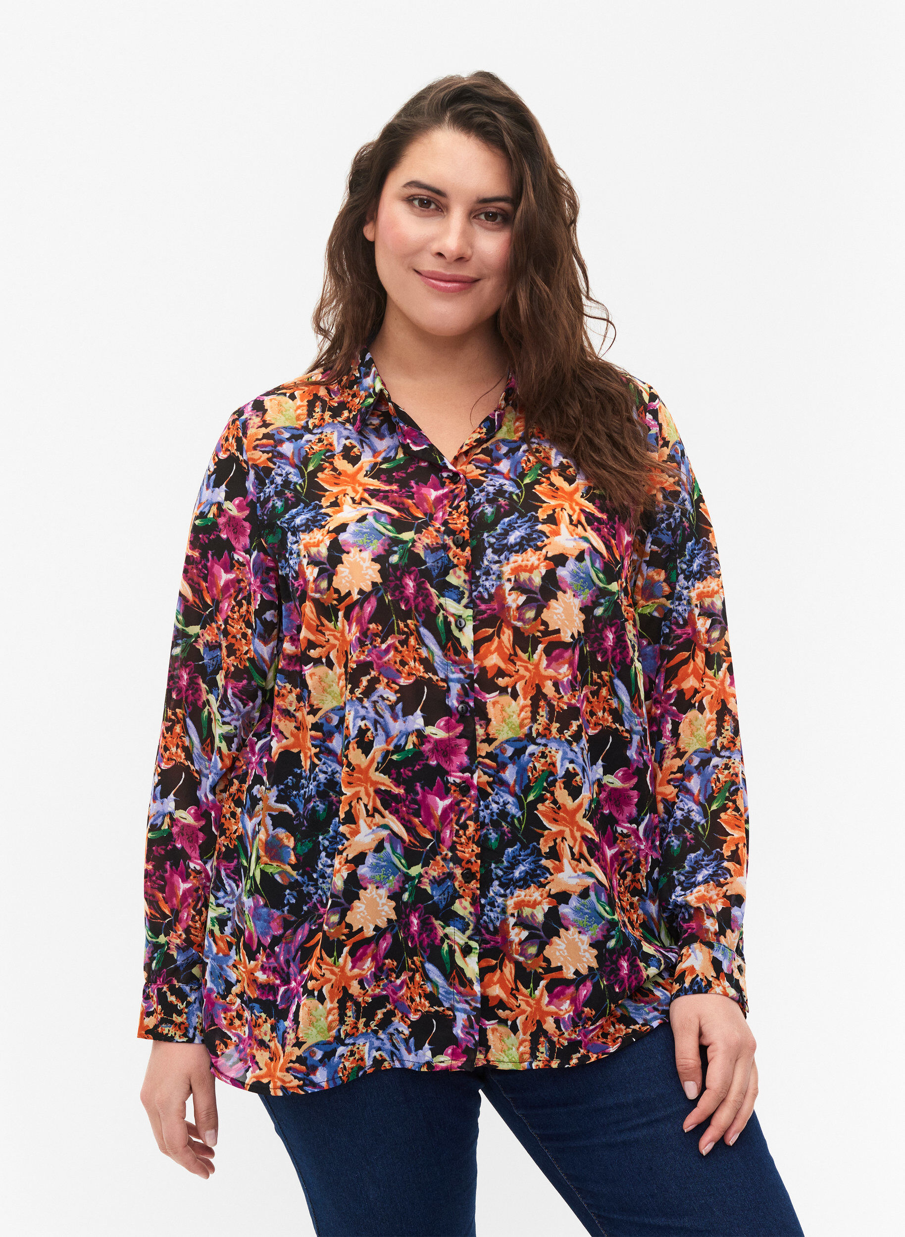 Zizzi FLASH - Shirt met lange mouwen en bloemenprint, Orange Pink Flower , Model image number 0
