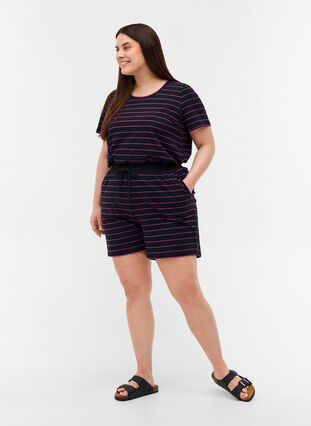 Losse katoenen shorts met strepen, Black w. Purple, Model image number 3