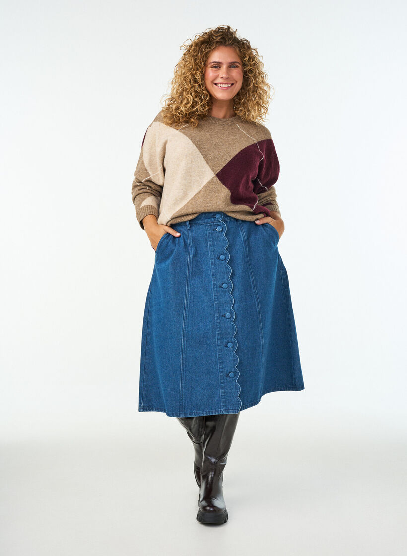 A-lijn denimrok met golvende knoopsluiting, Blauw, Model image number 0