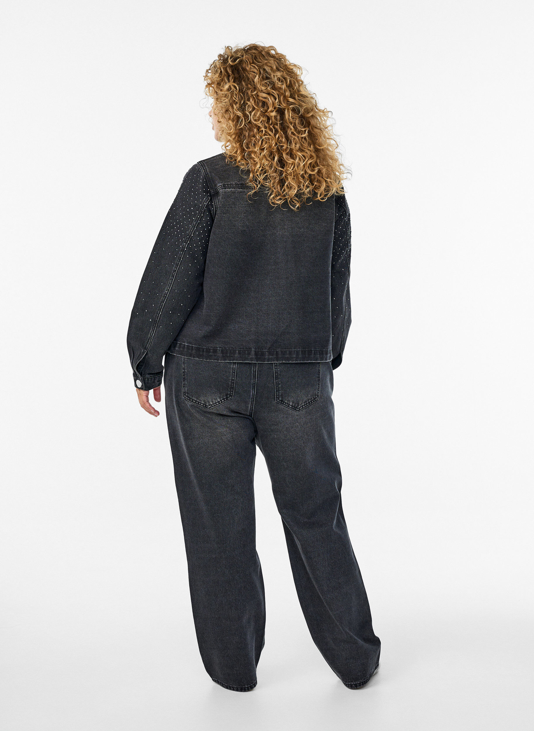 Zizzi Straight-fit jeans met rhinestones en een hoge taille, Grijs, Model image number 1
