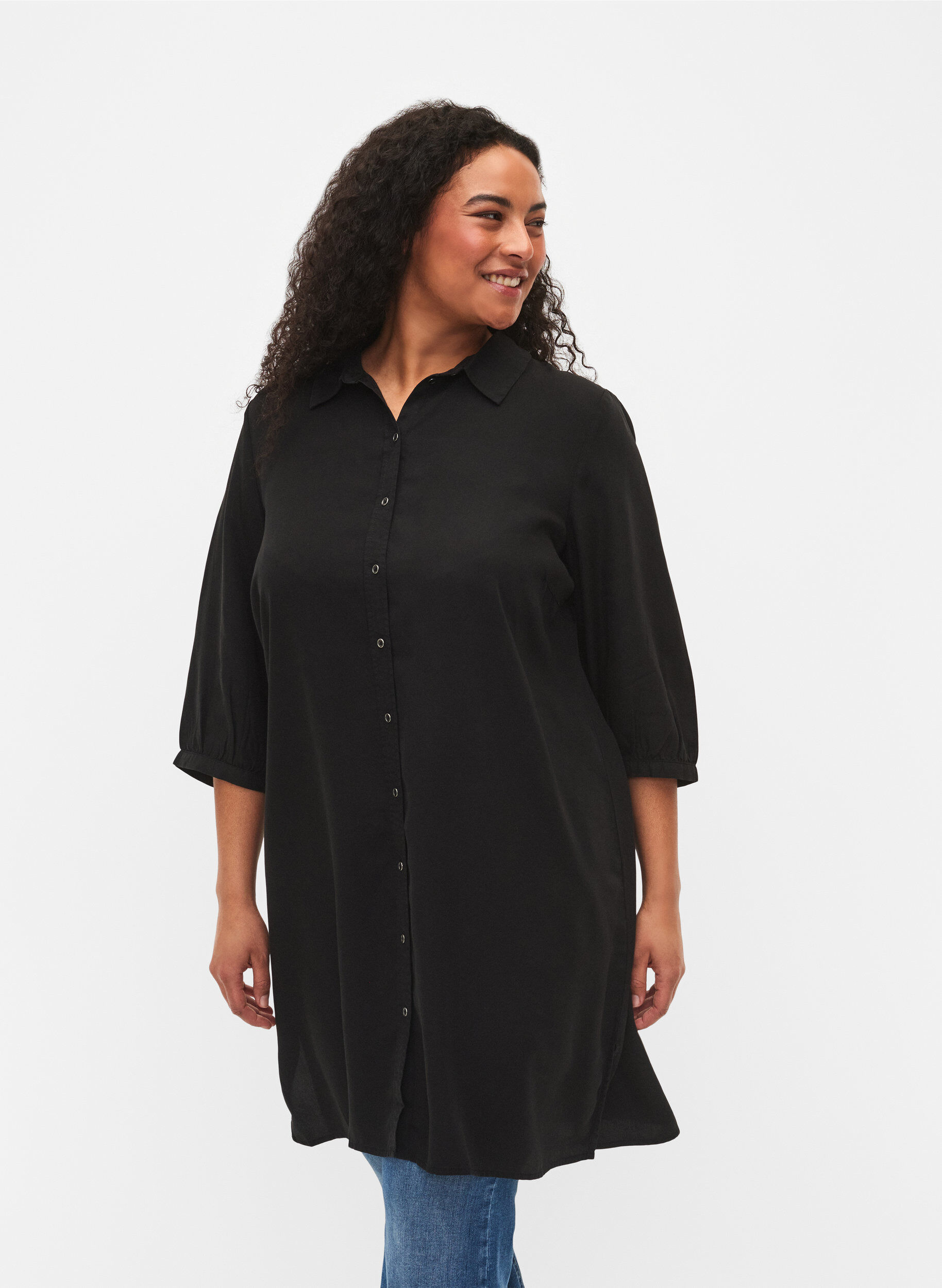 Zizzi Lang overhemd met 3/4-mouwen van lyocell (TENCEL&trade;), Black, Model image number 0
