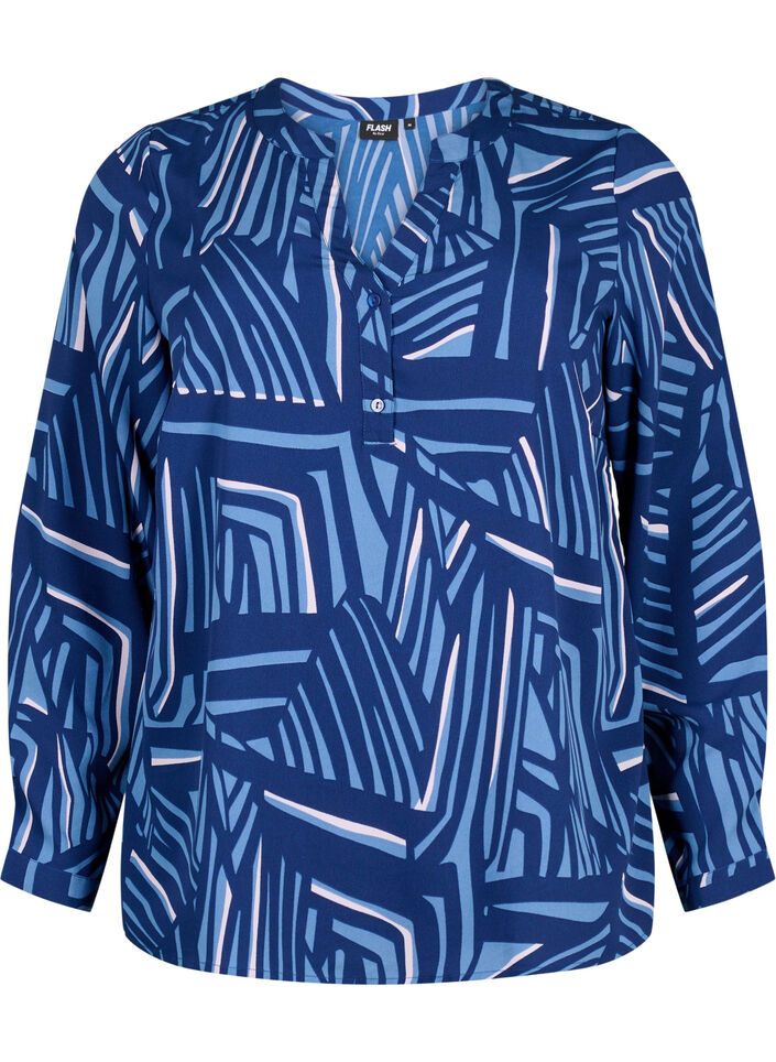 FLASH - Blouse met lange mouwen en print, Medieval Blue AOP, Packshot image number 0