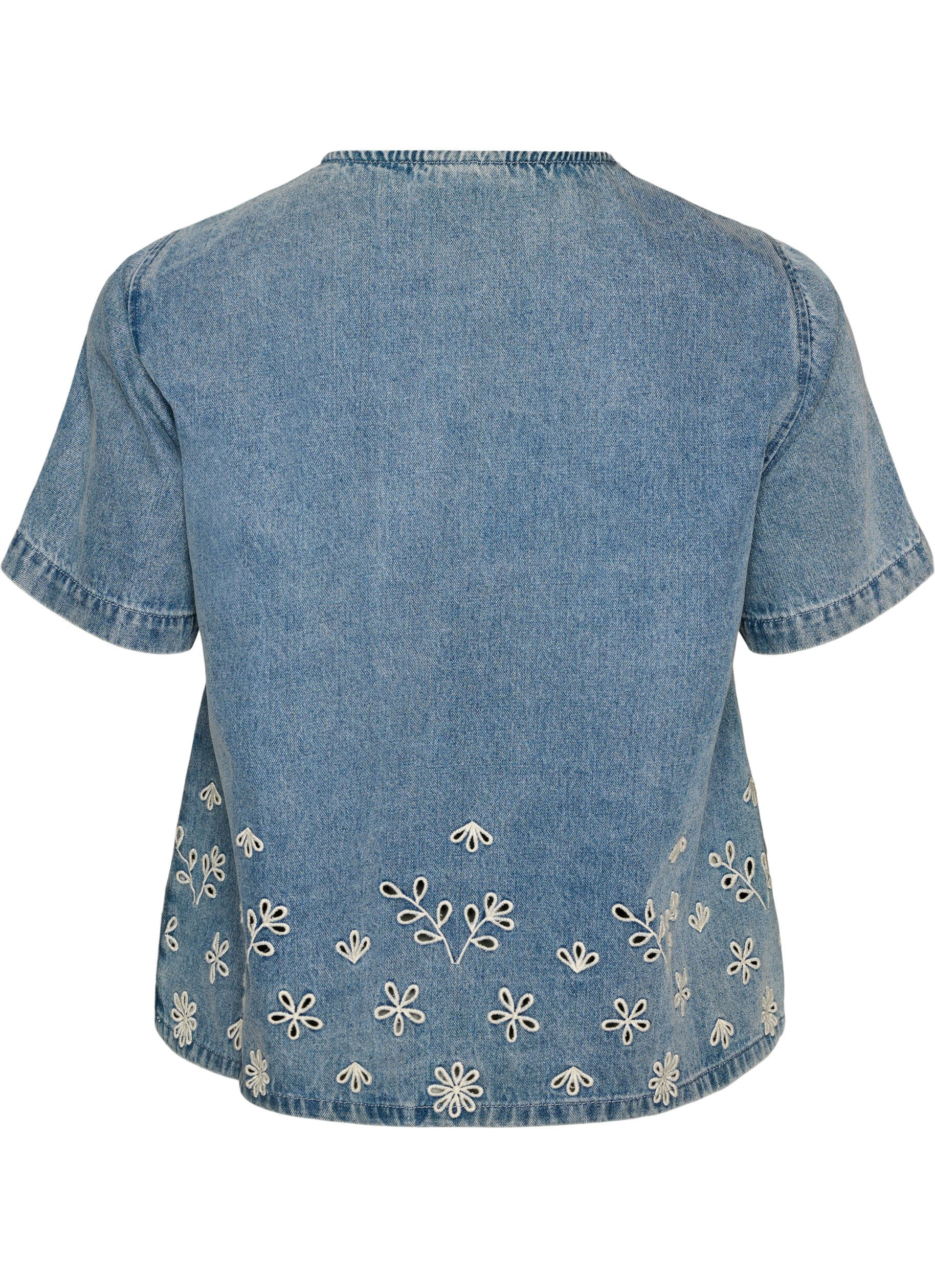 ZizziDenim blouse met korte mouwen en broderie anglaise, Blauw, Packshot image number 1