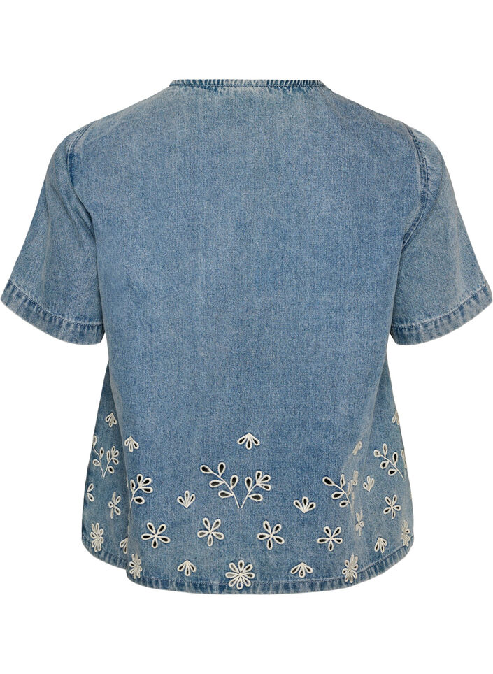 Denim blouse met korte mouwen en broderie anglaise, Blauw, Packshot image number 1