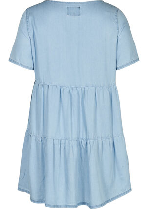 Denim jurk met korte mouwen en plooien, Light blue denim, Packshot image number 1