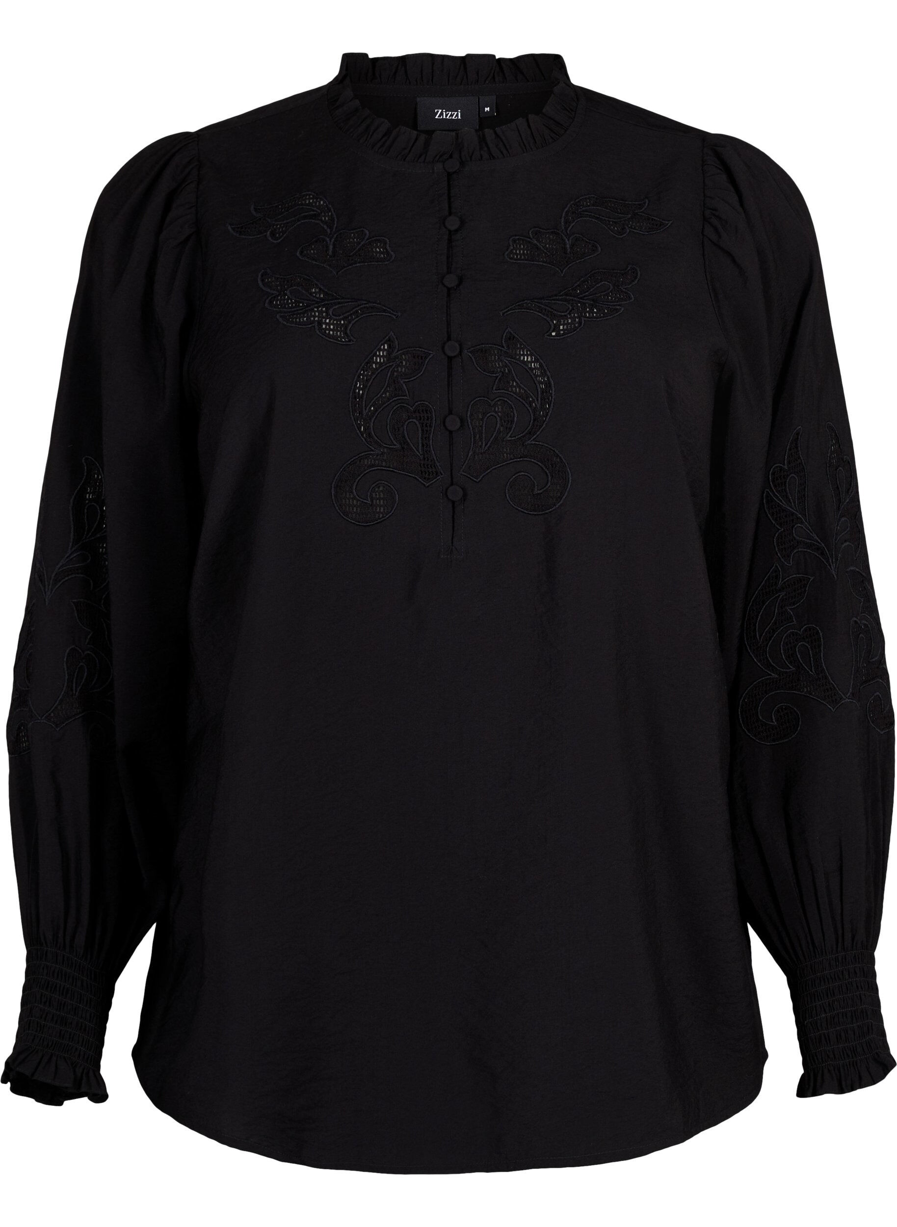 Zizzi Blouse met ruches en broderie anglaise, Black, Packshot image number 0