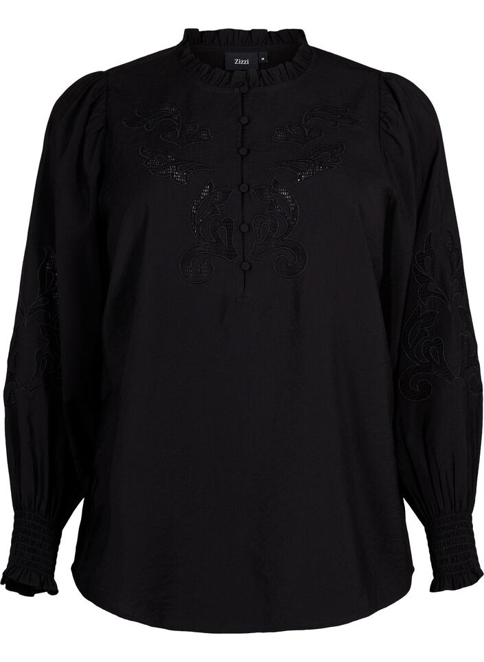 Blouse met ruches en broderie anglaise, Black, Packshot image number 0