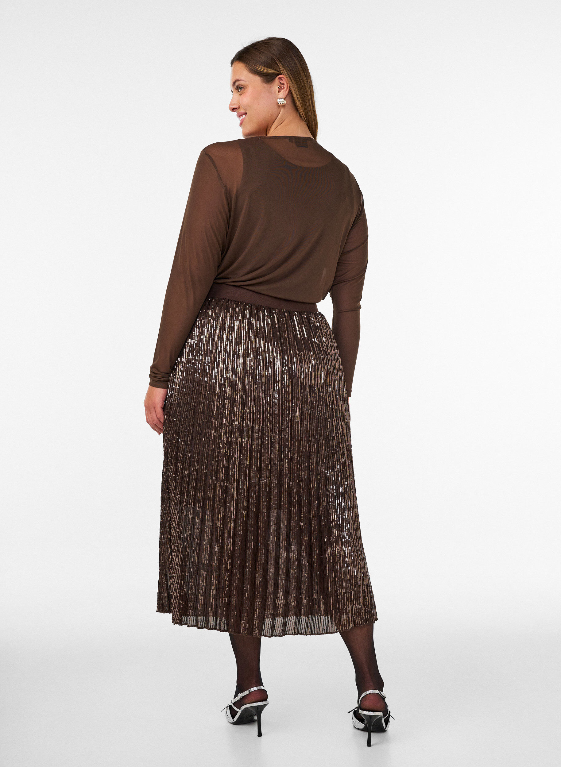 ZizziA-lijn midirok met pailletten, Bruin, Model image number 1