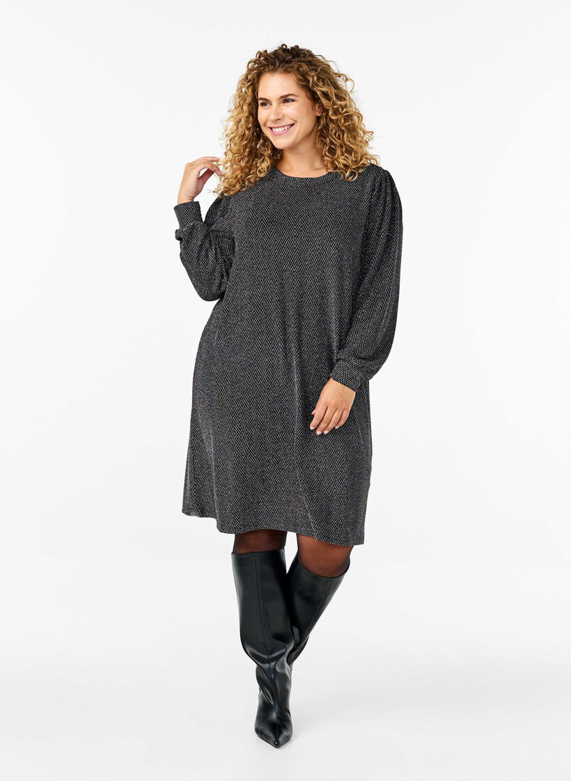 Jurk met zigzagpatroon en glitter, Silver ZigZagShimmer, Model image number 2