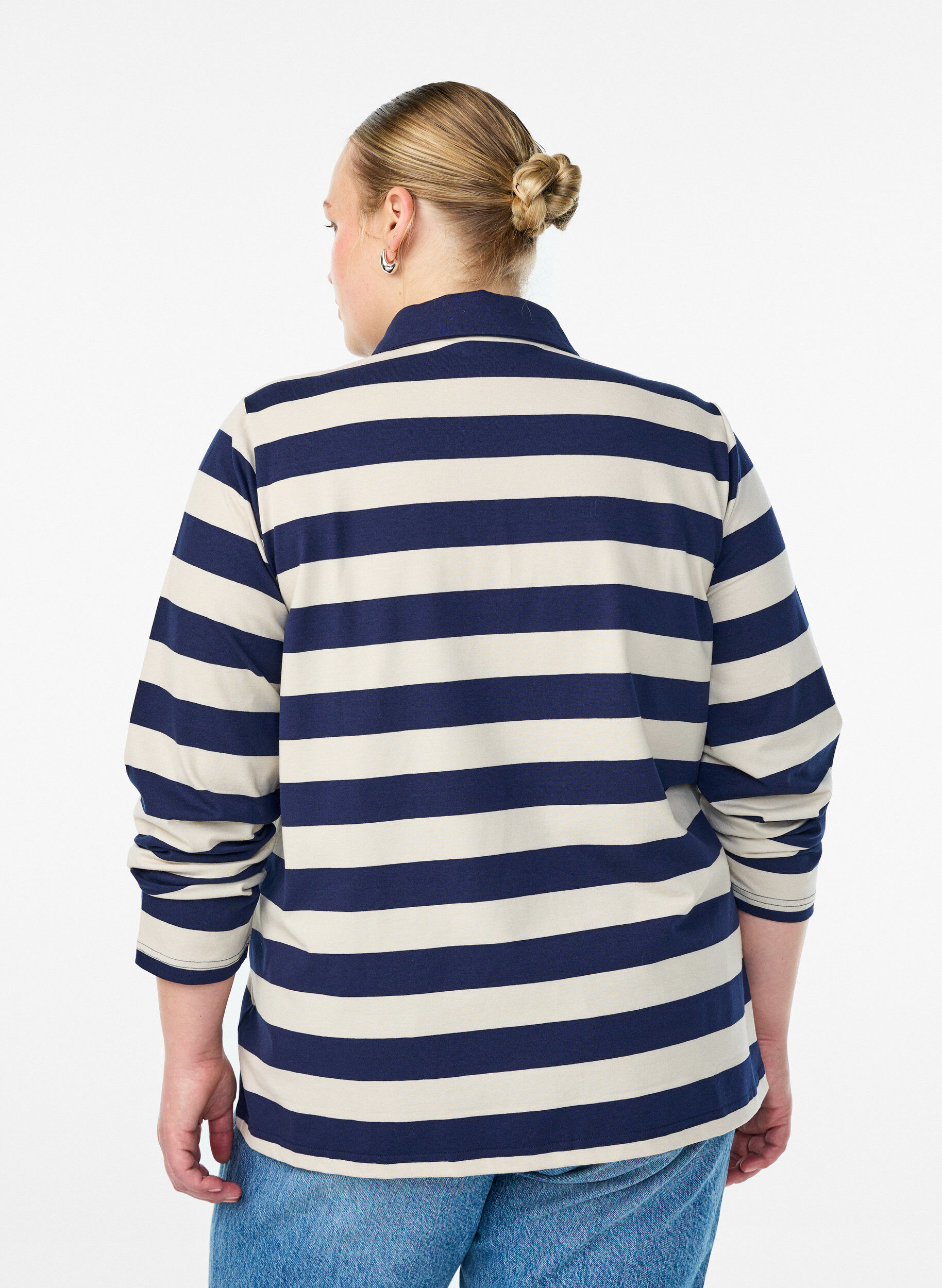 Zizzi Poloshirt met lange mouwen en brede strepen, Blauw, Model image number 2