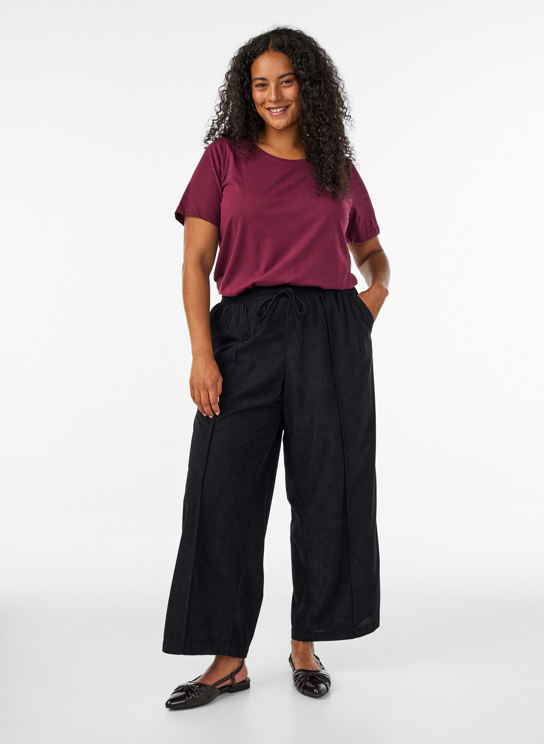 ZizziCorduroy broek met wijde pijpen en een hoge taille, Zwart, Model image number 0