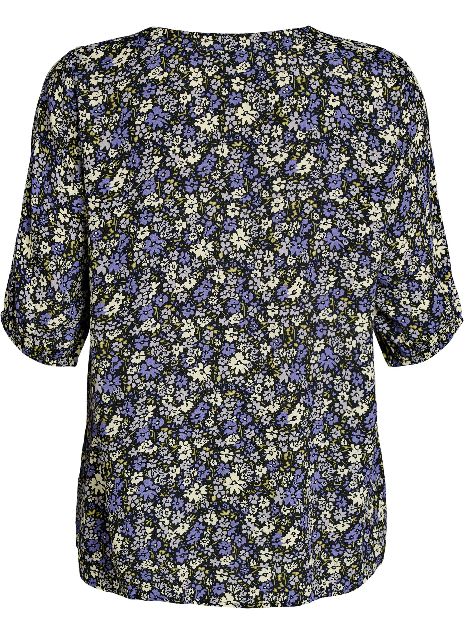 Zizzi Viscose blouse met print en knoopsluiting, Zwart, Packshot image number 1
