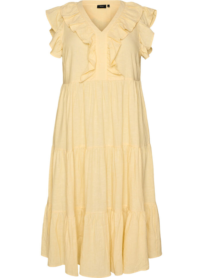 Mouwloze midi jurk in linnen en viscose met ruches, Geel, Packshot image number 0