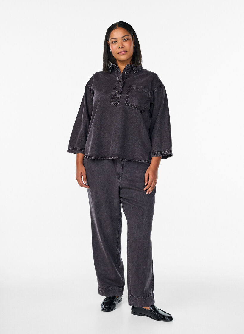 Brede jeans met een elastische tailleband, Grijs, Model image number 0