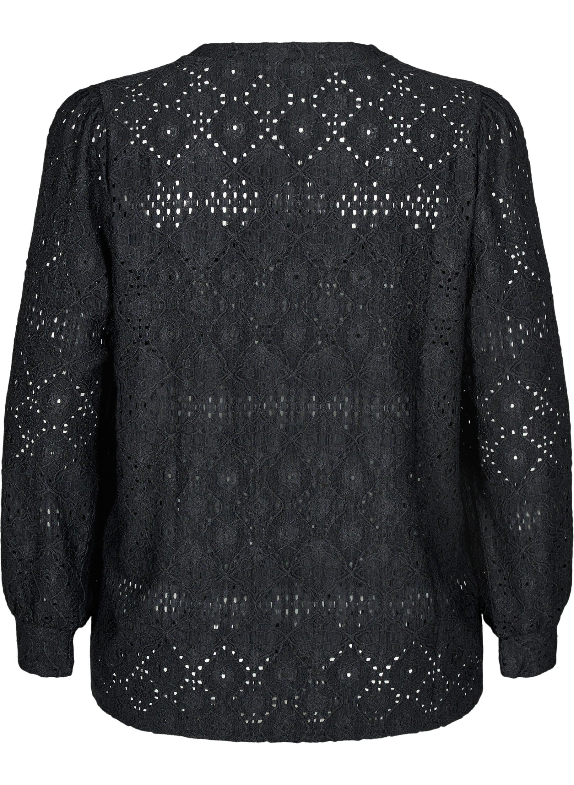 Zizzi Blouse met lange mouwen en een opengewerkt patroon, Zwart, Packshot image number 1