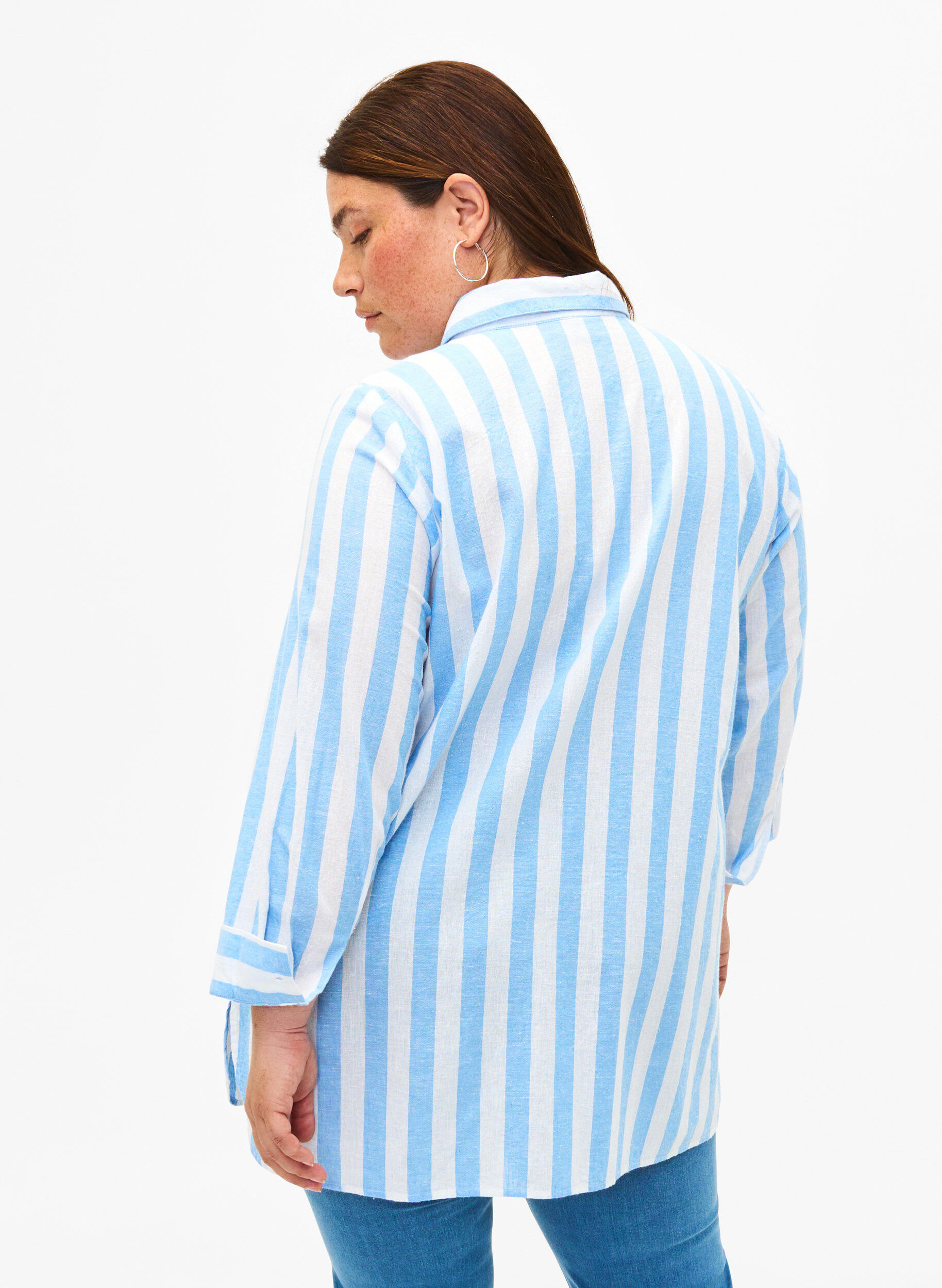 Zizzi Lang shirt van linnen en katoen, Blue White Stripe, Model image number 1