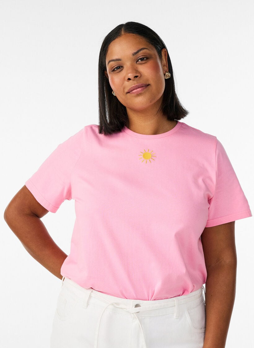 Biologisch katoenen T-shirt met tekstmotief, Roze, Model image number 0