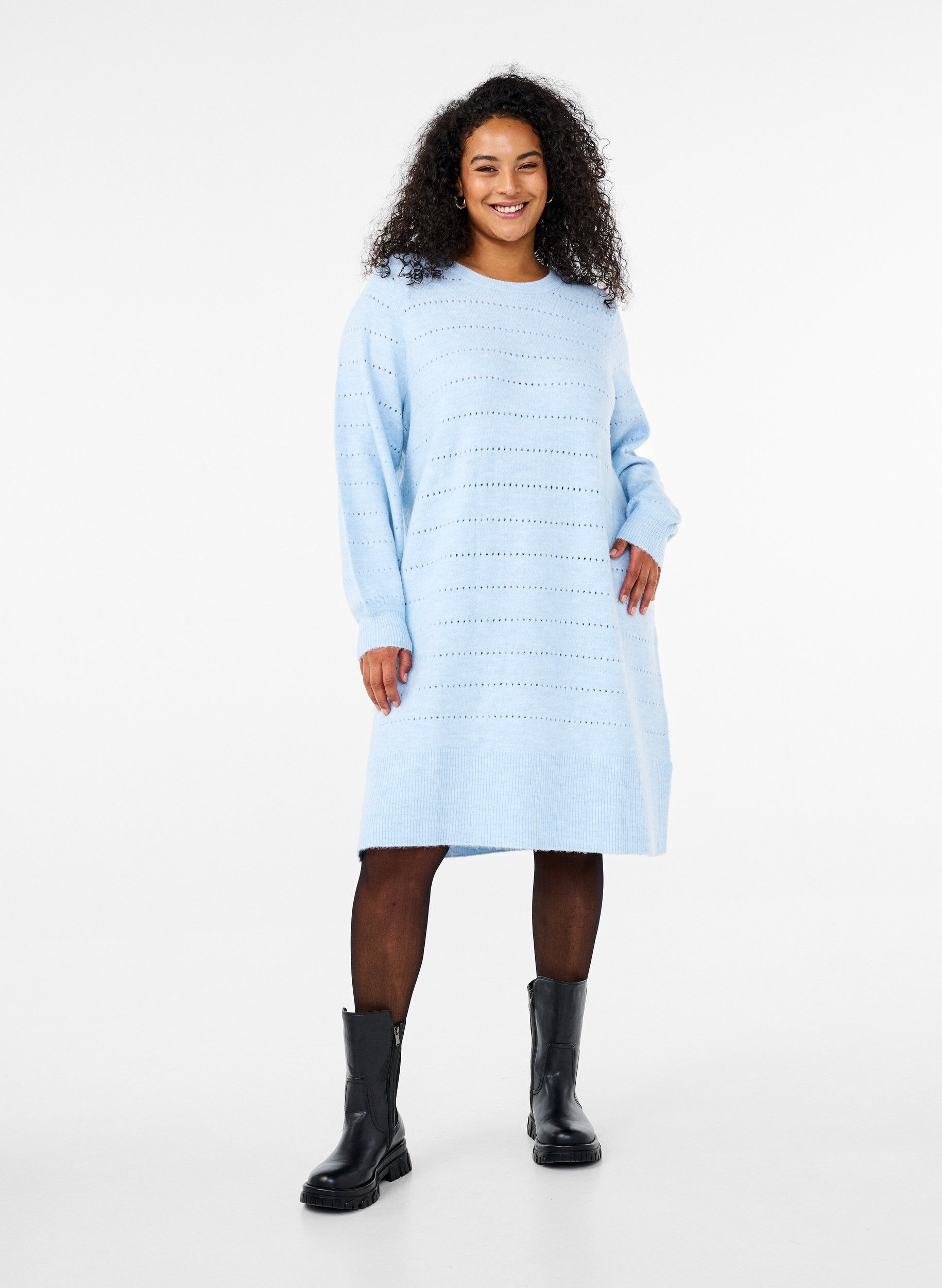 Zizzi Gebreide jurk met splitjes en kantpatroon, Cashmere Blue Mel., Model image number 2