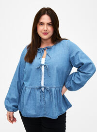 Denim peplum blouse met striksluiting, Light Blue Denim, Model