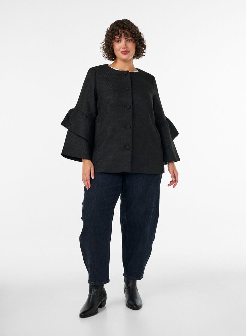 Boucl&eacute; jasje met ruchesdetails, Zwart, Model image number 1